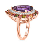 D'Joy African Amethyst, White Zircon & Multi-Tourmaline Ring in 18K Vermeil Rose Gold Plated Sterling Silver 11.90 Ct, Silver Wt. 6.48 Gms.