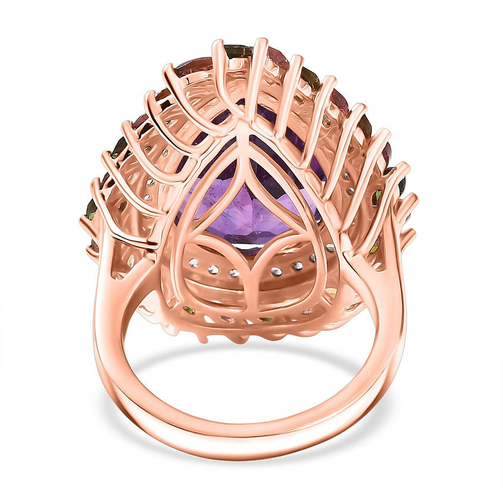 D'Joy African Amethyst, White Zircon & Multi-Tourmaline Ring in 18K Vermeil Rose Gold Plated Sterling Silver 11.90 Ct, Silver Wt. 6.48 Gms.