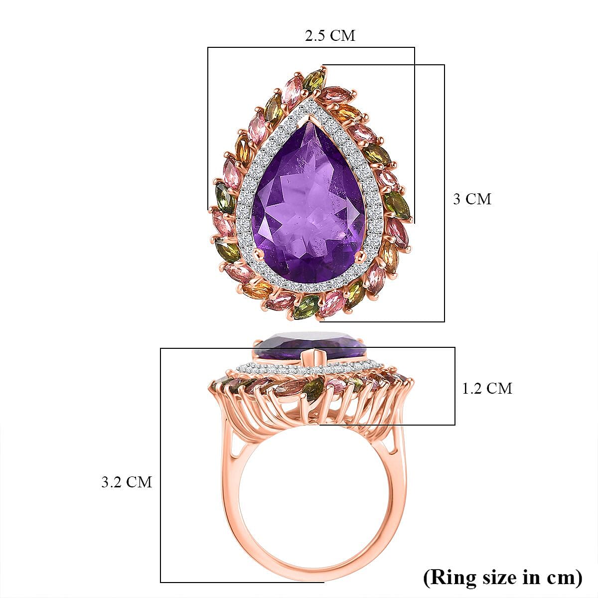 D'Joy African Amethyst, White Zircon &amp; Multi-Tourmaline Ring in 18K Vermeil Rose Gold Plated Sterling Silver 11.90 Ct, Silver Wt. 6.48 Gms. 8269994 6