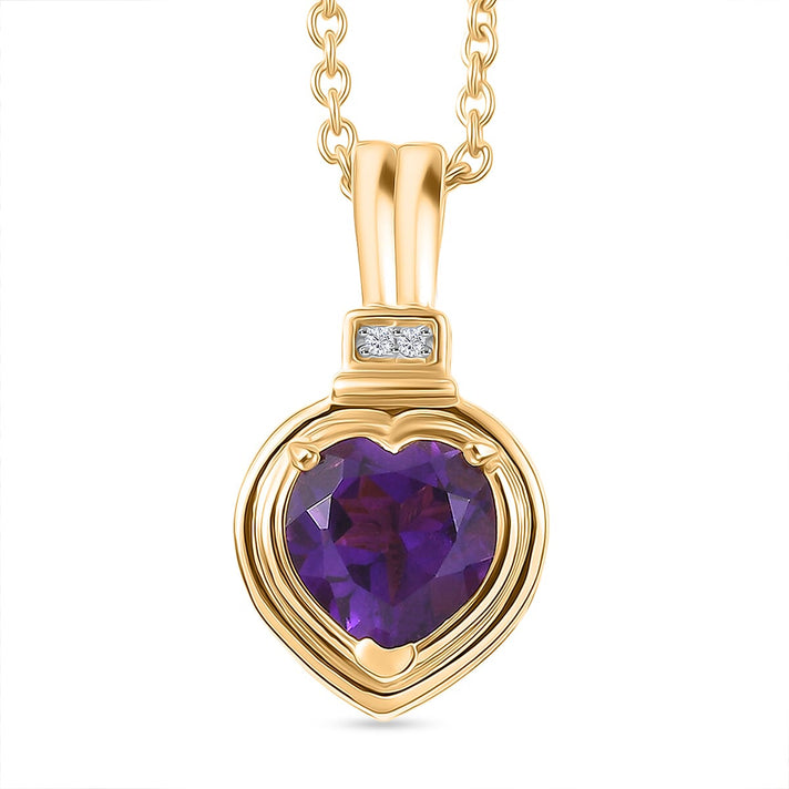 D'Joy - AAA African Amethyst &amp; White Zircon Solitaire Pendant in Yellow Gold Plated Sterling Silver with Chain (Size 20) 1.65 Ct. 4455057 1