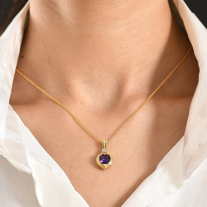 D'Joy - AAA African Amethyst &amp; White Zircon Solitaire Pendant in Yellow Gold Plated Sterling Silver with Chain (Size 20) 1.65 Ct. 4455057 2