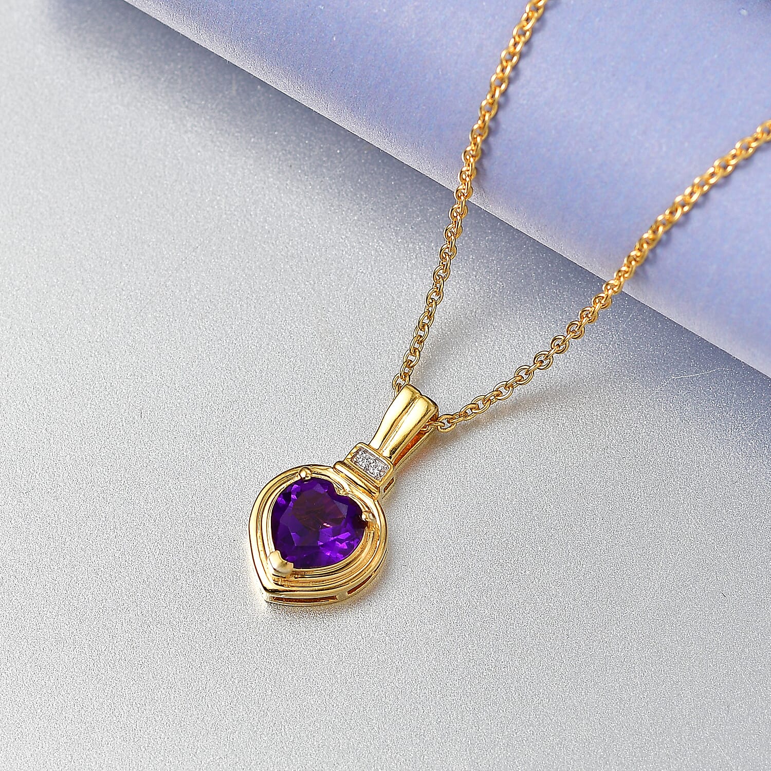 D'Joy - AAA African Amethyst &amp; White Zircon Solitaire Pendant in Yellow Gold Plated Sterling Silver with Chain (Size 20) 1.65 Ct. 4455057 3