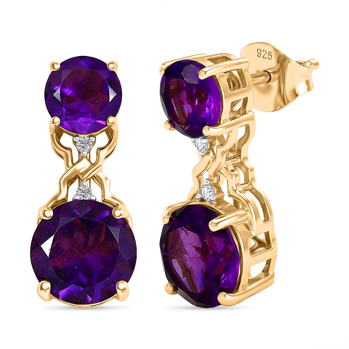 D'Joy AAA African Amethyst, White Zircon Drop Earring in Yellow Gold Plated Sterling Silver 5.04 Ct. 8438913 0