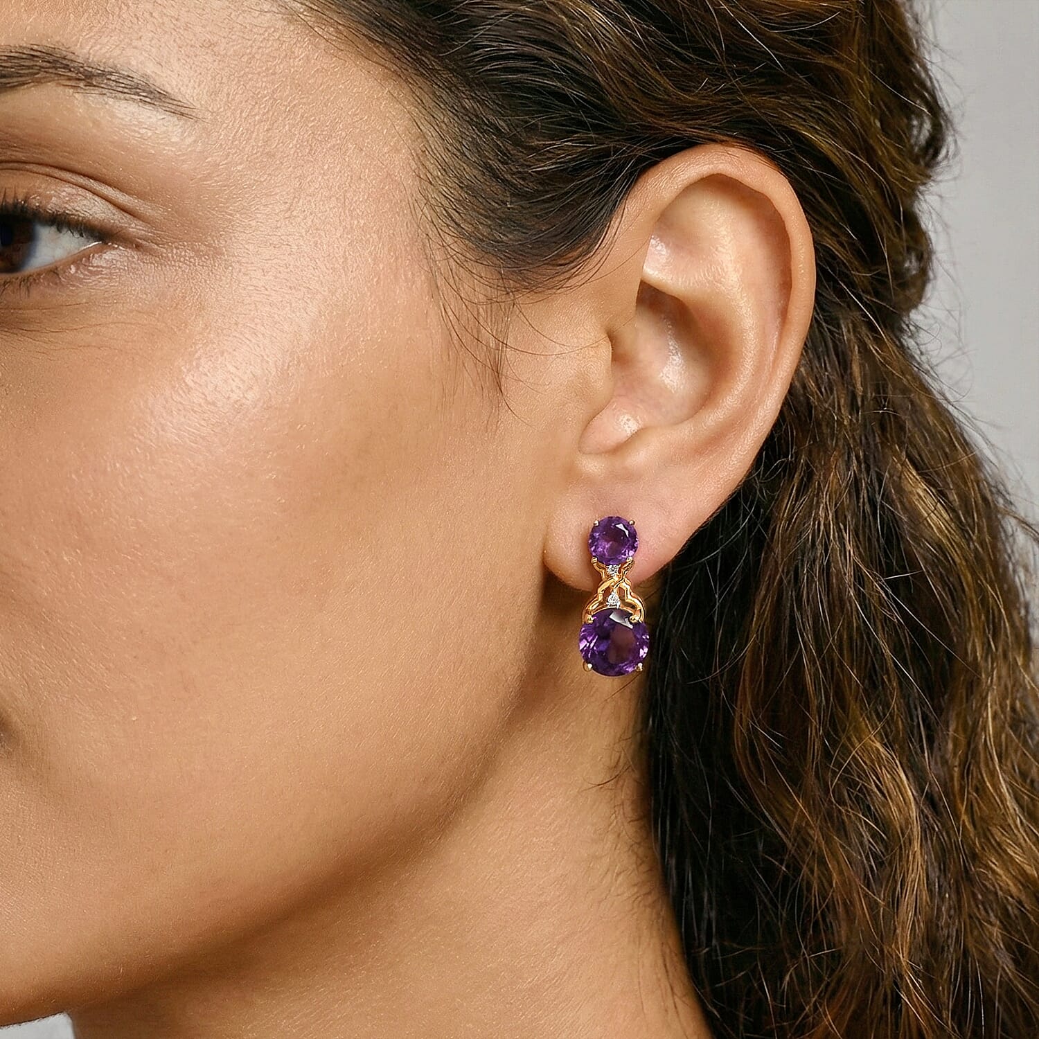 D'Joy AAA African Amethyst, White Zircon Drop Earring in Yellow Gold Plated Sterling Silver 5.04 Ct. 8438913 2