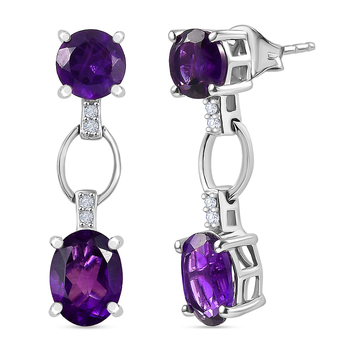 D'Joy AAA African Amethyst &amp; White Zircon Solitaire Dangling Push Post Earring in Platinum Overlay Sterling Silver 3.66 Ct. 8438911 0