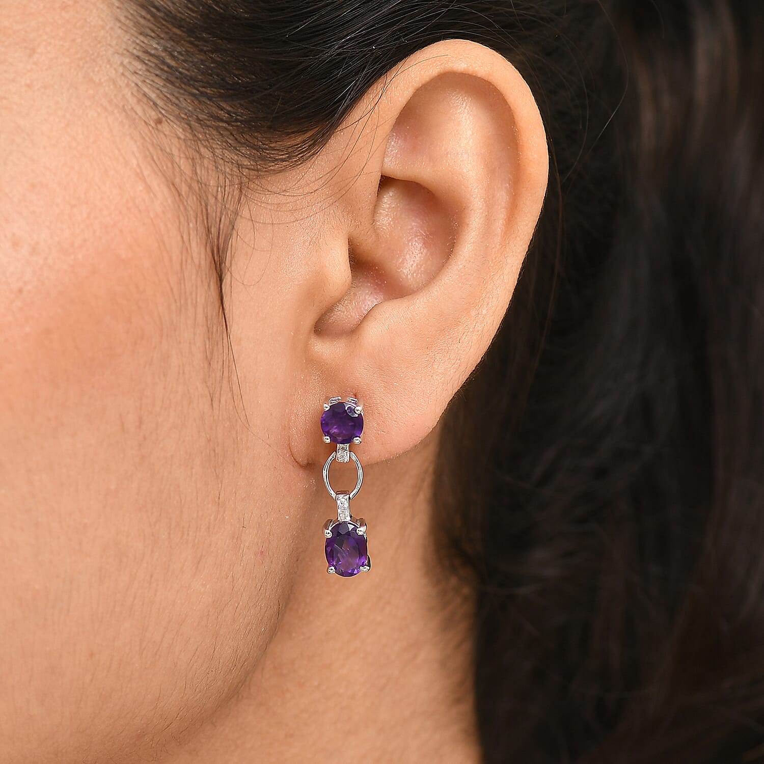 D'Joy AAA African Amethyst &amp; White Zircon Solitaire Dangling Push Post Earring in Platinum Overlay Sterling Silver 3.66 Ct. 8438911 2