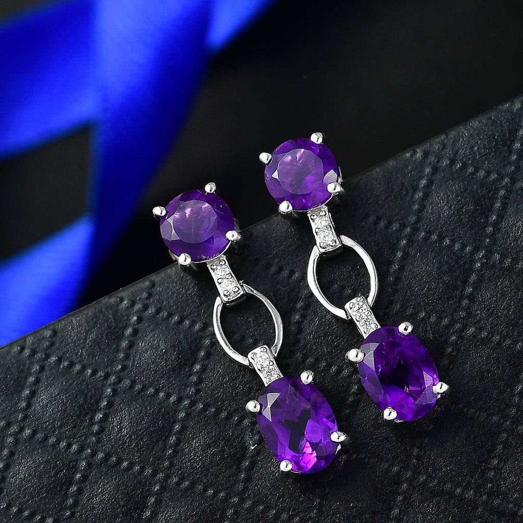 D'Joy AAA African Amethyst & White Zircon Solitaire Dangling Push Post Earring in Platinum Overlay Sterling Silver 3.66 Ct.