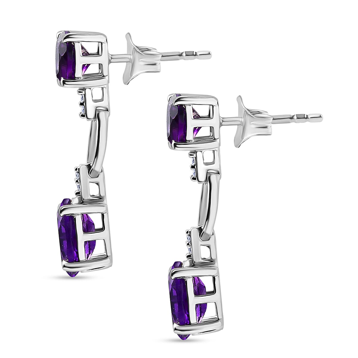 D'Joy AAA African Amethyst &amp; White Zircon Solitaire Dangling Push Post Earring in Platinum Overlay Sterling Silver 3.66 Ct. 8438911 4