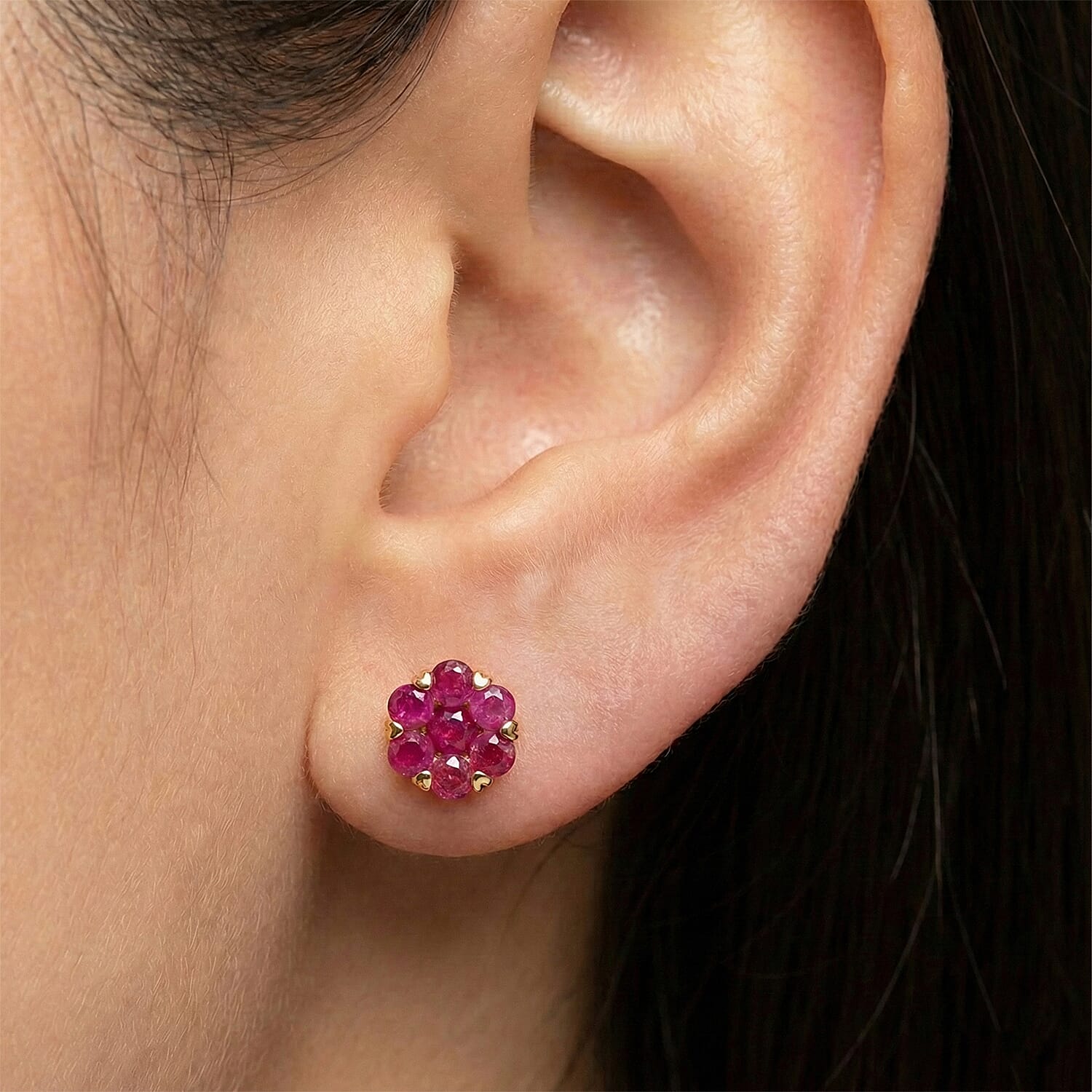 D'Joy African Ruby Cluster Floral Earring with Push Back in 18K Vermeil Yellow Gold Plated Sterling Silver 3.00 Ct. 8479216 2