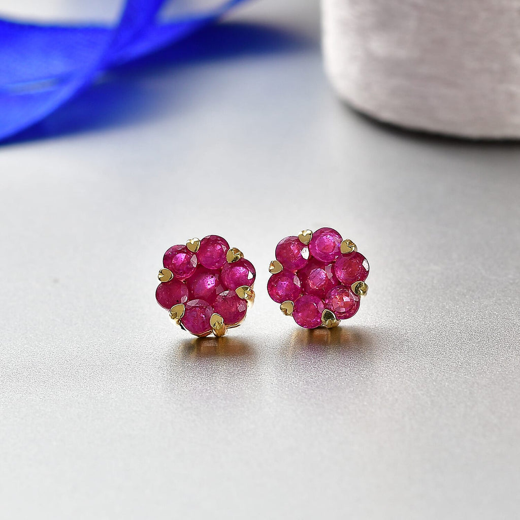 D'Joy African Ruby Cluster Floral Earring with Push Back in 18K Vermeil Yellow Gold Plated Sterling Silver 3.00 Ct.