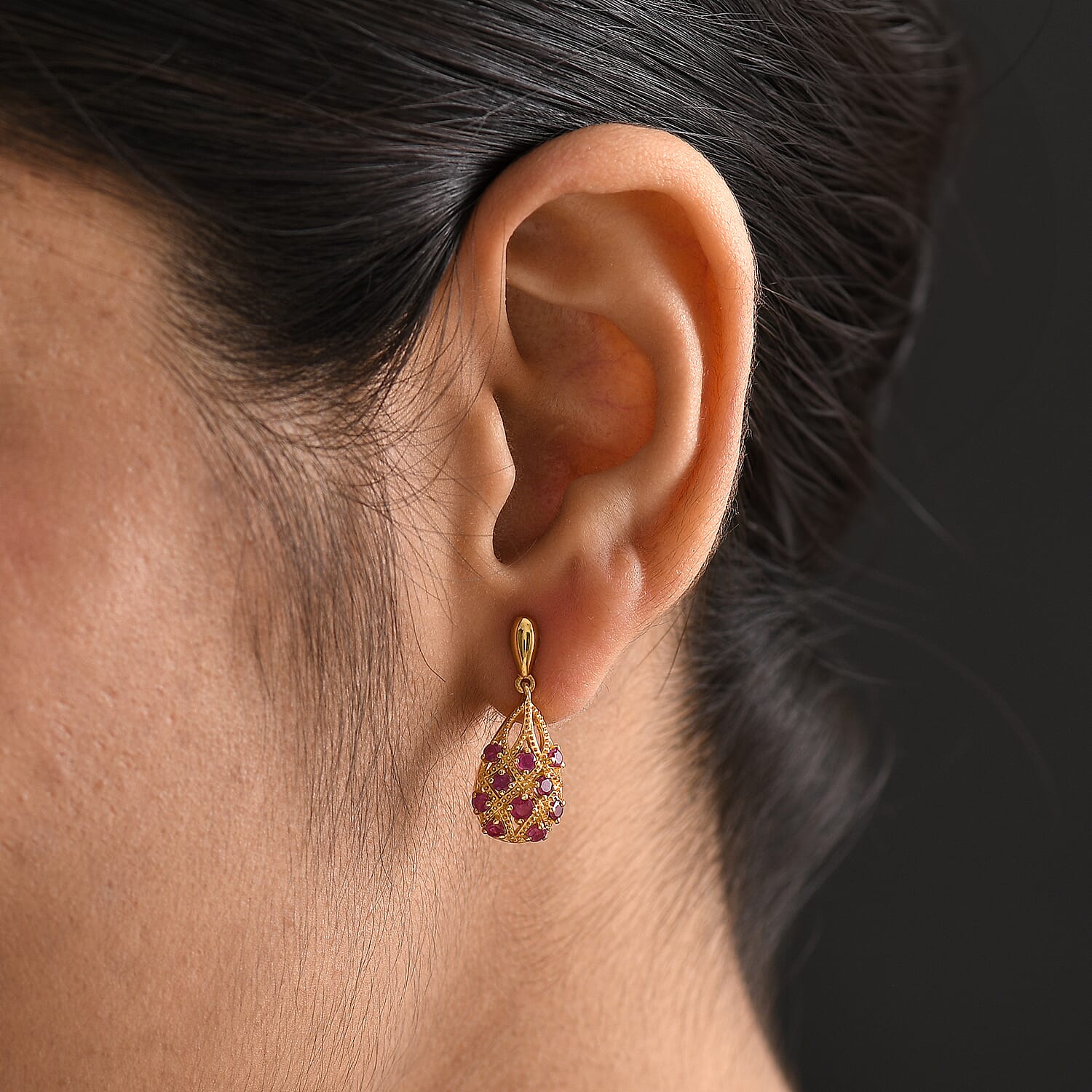 D'joy African Ruby Dangling Earring in 14K Yellow Gold Plating Sterling Silver 1.09 Ct. 8241723 2