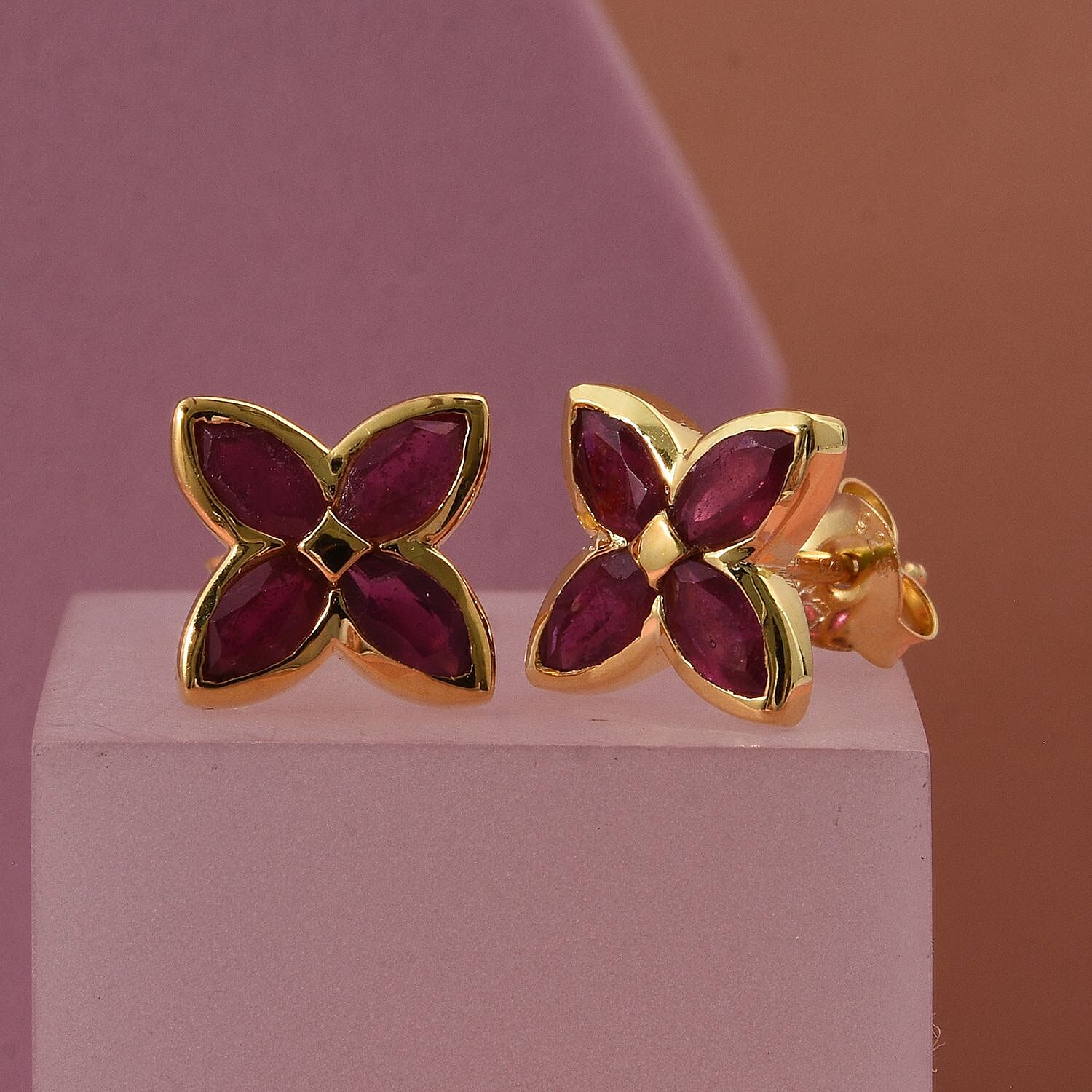 D'Joy African Ruby Floral Push Post Earring in Yellow Gold Plated Sterling Silver 1.84 Ct. 8502442 3