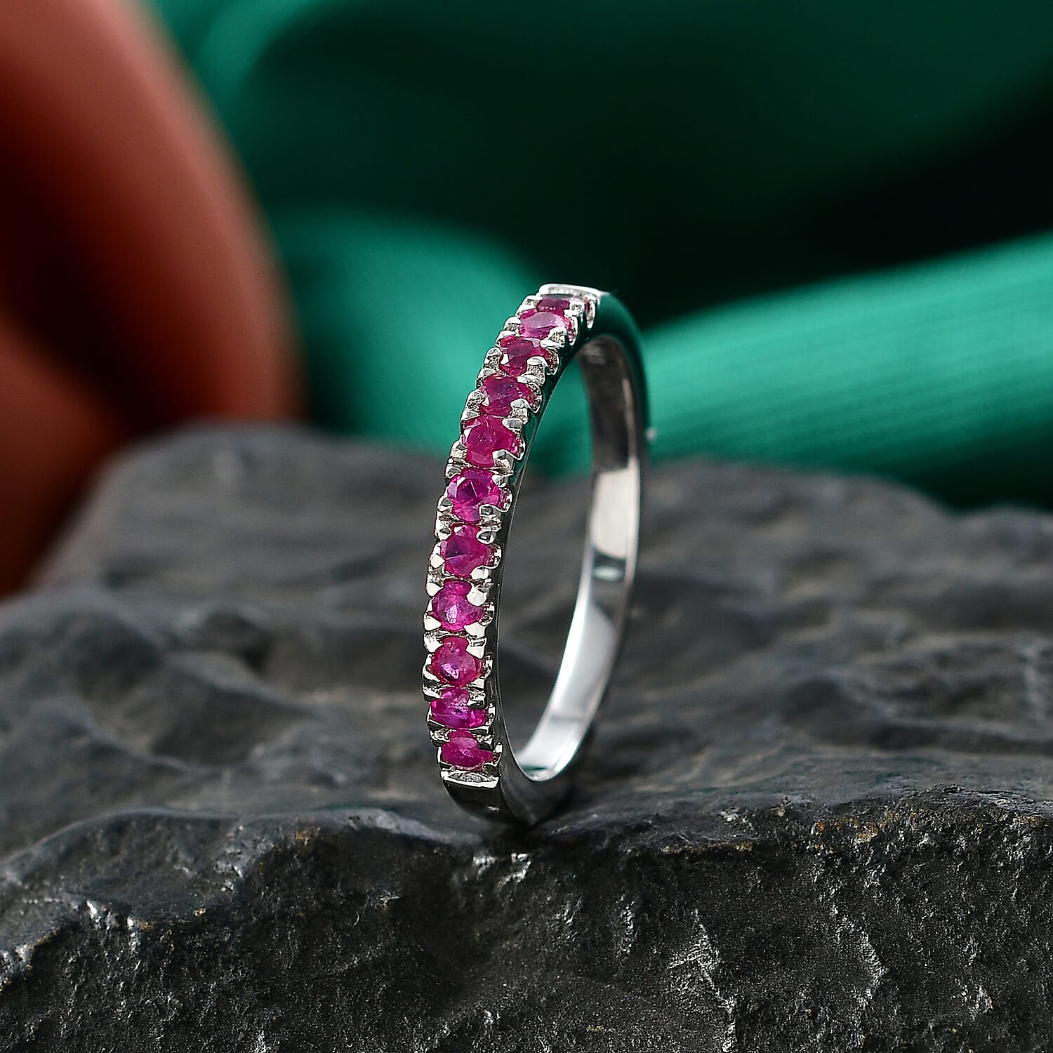D'Joy African Ruby Half Eternity Band Ring in Rhodium Overlay Sterling Silver 0.62 Ct. 8531887 3