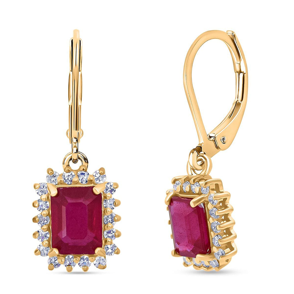 Premier African Ruby (4.5 Ct.) & SI-GH Lab Grown Diamond (0.60 Ct.) Halo Earring with Lever Back in 18K Vermeil Yellow Gold Plated Sterling Silver 5.00 Ct.