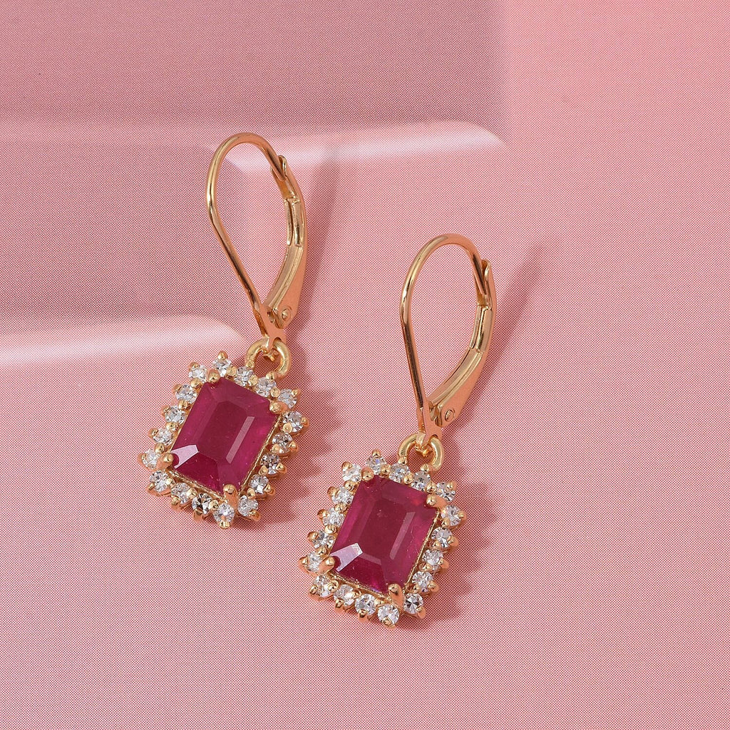 Premier African Ruby (4.5 Ct.) & SI-GH Lab Grown Diamond (0.60 Ct.) Halo Earring with Lever Back in 18K Vermeil Yellow Gold Plated Sterling Silver 5.00 Ct.