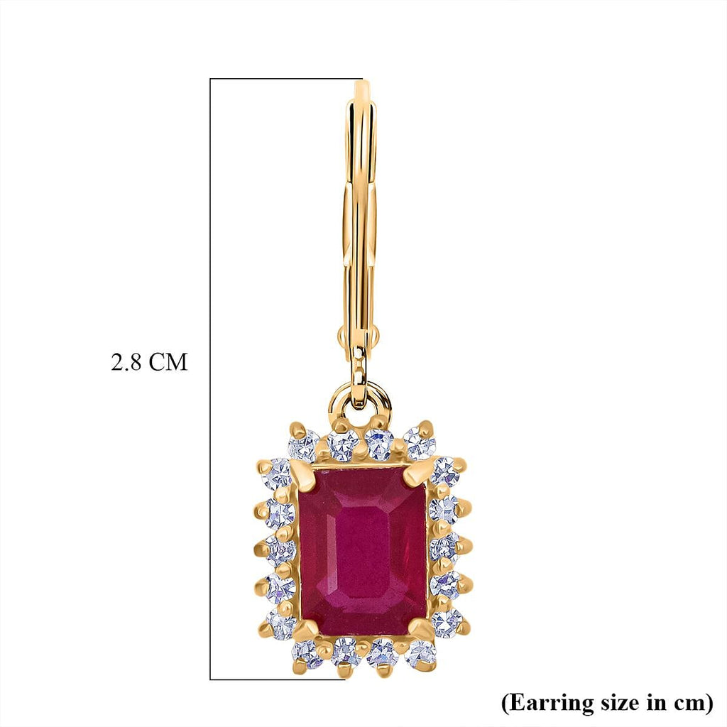 Premier African Ruby (4.5 Ct.) & SI-GH Lab Grown Diamond (0.60 Ct.) Halo Earring with Lever Back in 18K Vermeil Yellow Gold Plated Sterling Silver 5.00 Ct.