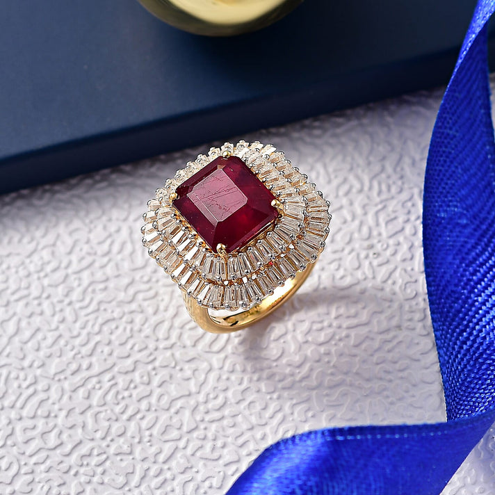 D'Joy 9.4 Ct. Natural African Ruby, Moissanite Double Halo Ring in 18K Vermeil Yellow Gold Plated Sterling Silver 8278226 2