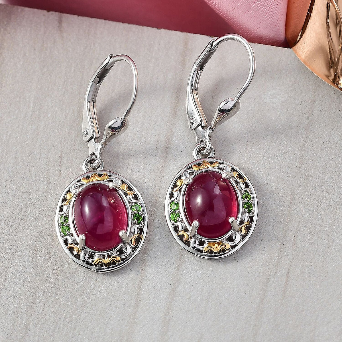 D'Joy African Ruby, Natural Chrome Diopside Lever Back Earring in 18K Vermeil Yellow Gold Plated and Rhodium Overlay Sterling Silver 6.29 Ct. V32582170 2