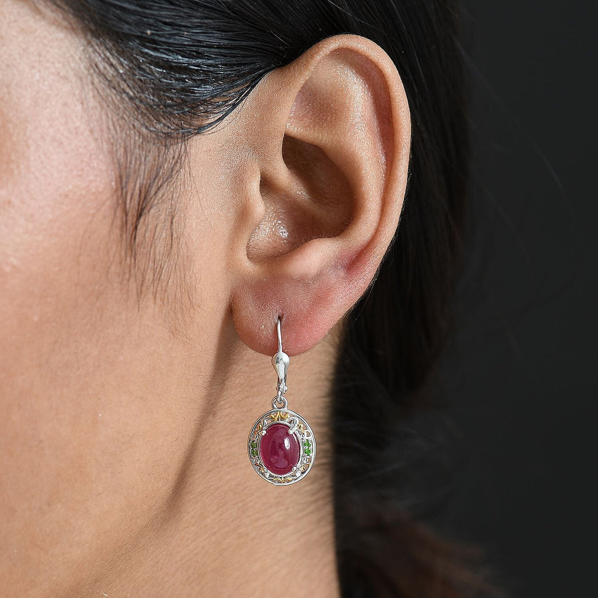 D'Joy African Ruby, Natural Chrome Diopside Lever Back Earring in 18K Vermeil Yellow Gold Plated and Rhodium Overlay Sterling Silver 6.29 Ct. V32582170 3