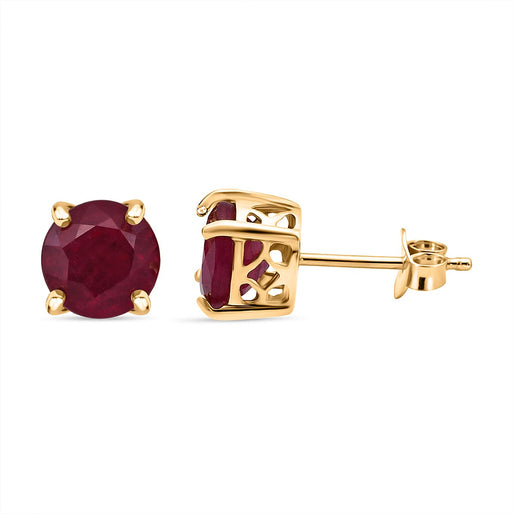 D'Joy - Premium African Ruby Solitaire Stud Push Post Earring in Yellow Gold Plated Sterling Silver 5.00 Ct.