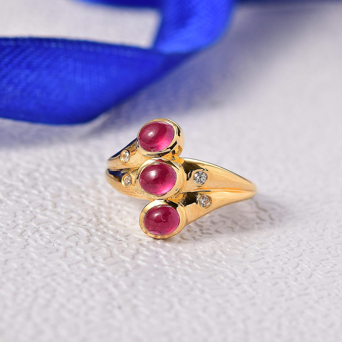 D'Joy African Ruby, White Zircon 3 Stone Ring in 18K Vermeil Yellow Gold Plated Sterling Silver 1.97 Ct. V32732058 2