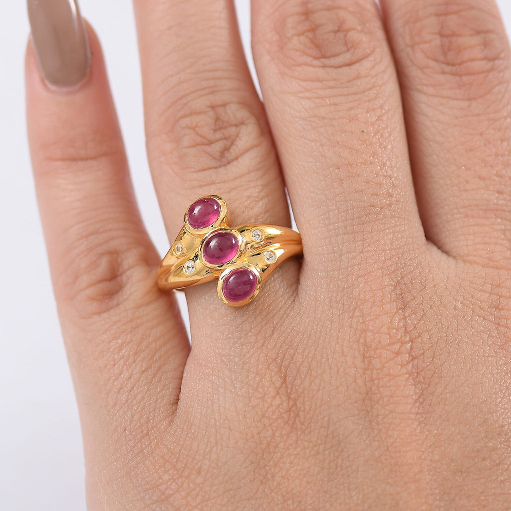 D'Joy African Ruby, White Zircon 3 Stone Ring in 18K YG VermeilSterling Silver  1.969  Ct.