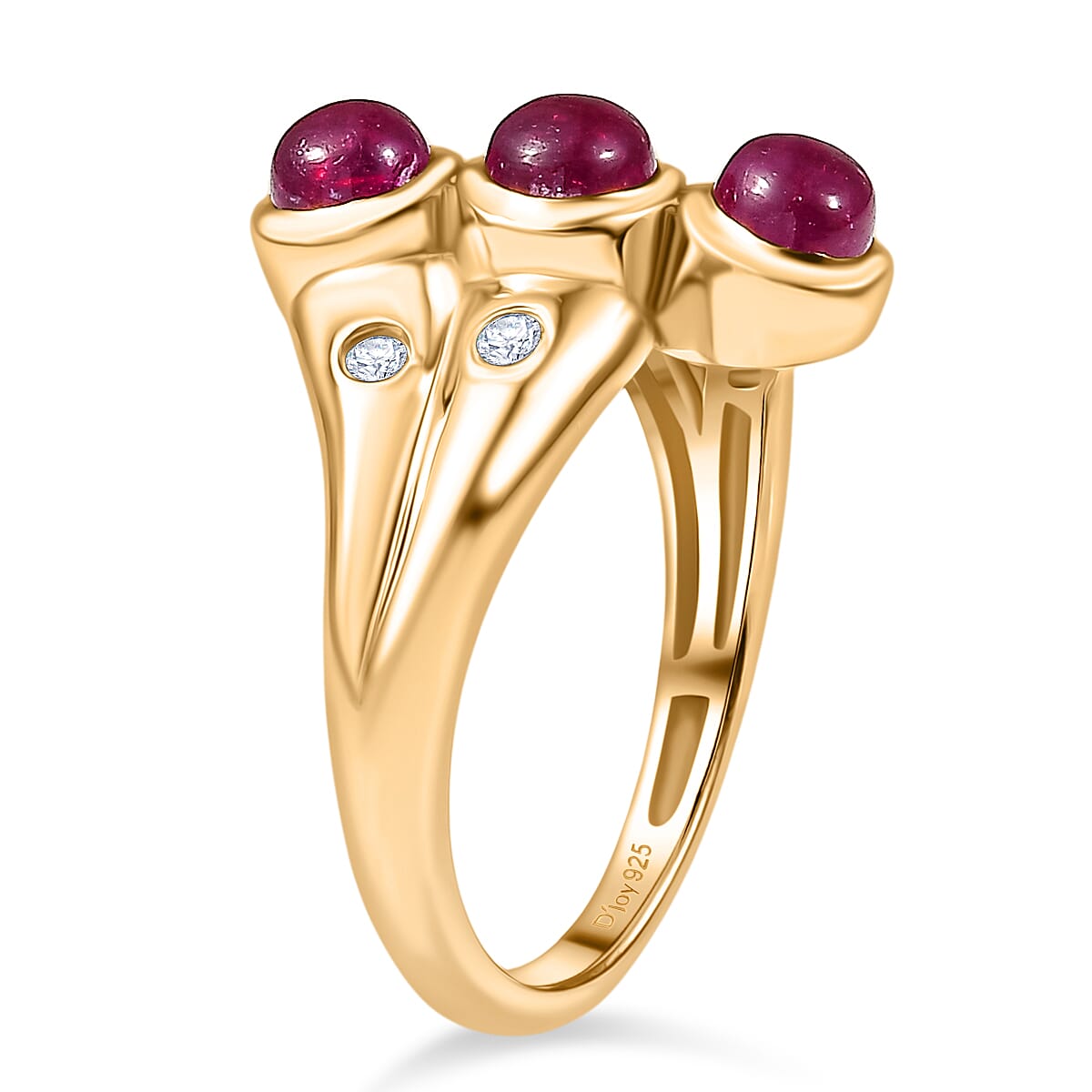 D'Joy African Ruby, White Zircon 3 Stone Ring in 18K Vermeil Yellow Gold Plated Sterling Silver 1.97 Ct. V32732058 4