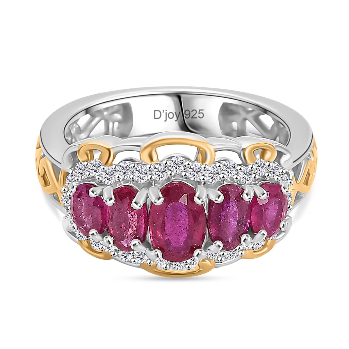 D'Joy Natural African Ruby, White Zircon 5 Stone Ring in Platinum and Yellow Gold Plated Sterling Silver 2.23 Ct. 8241732 0