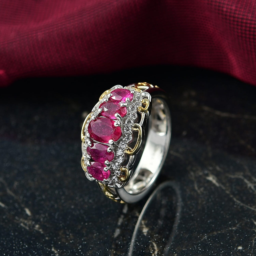 D'Joy African Ruby, White Zircon 5 Stone Ring Sterling Silver 2.23 Ct.