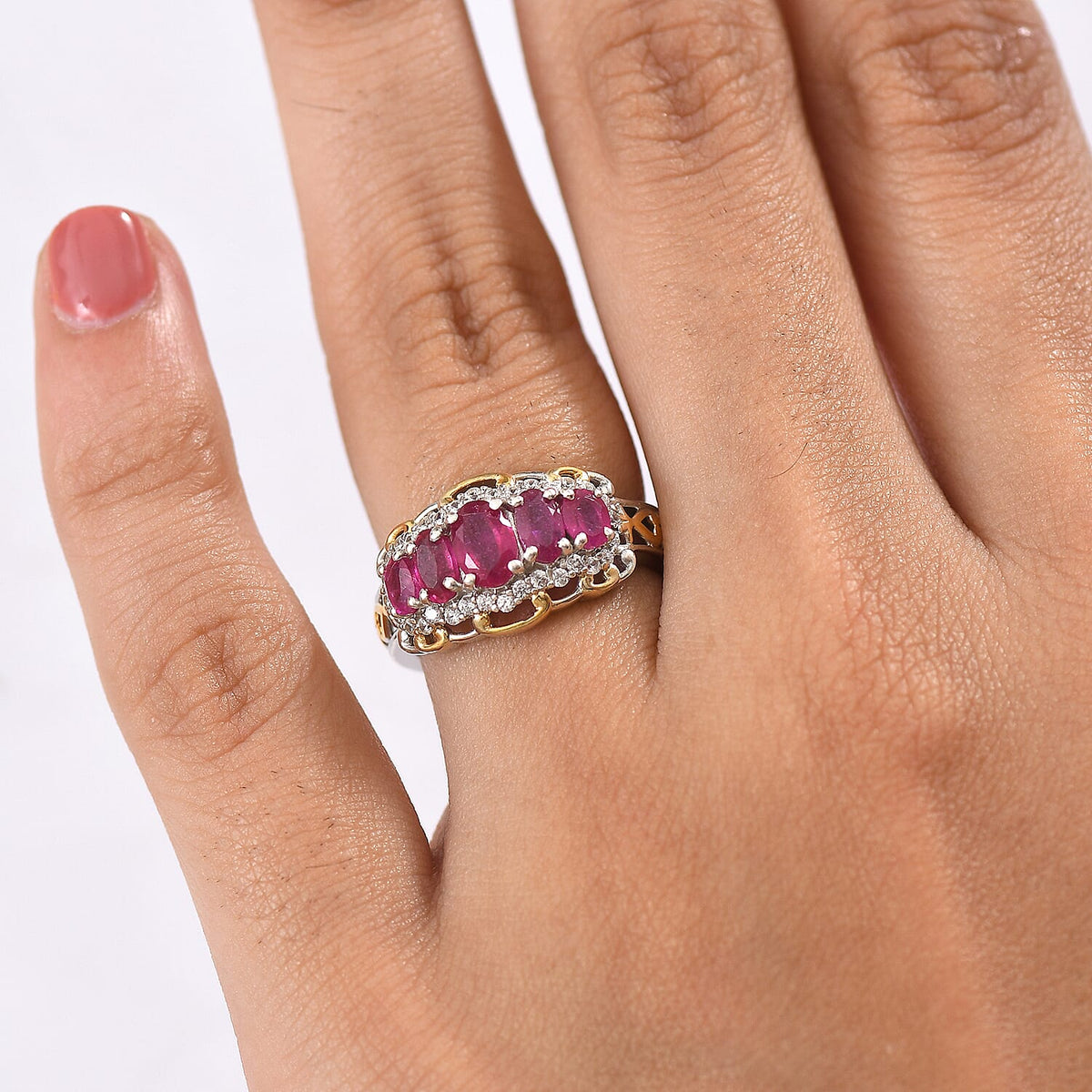 D'Joy Natural African Ruby, White Zircon 5 Stone Ring in Platinum and Yellow Gold Plated Sterling Silver 2.23 Ct. 8241732 2
