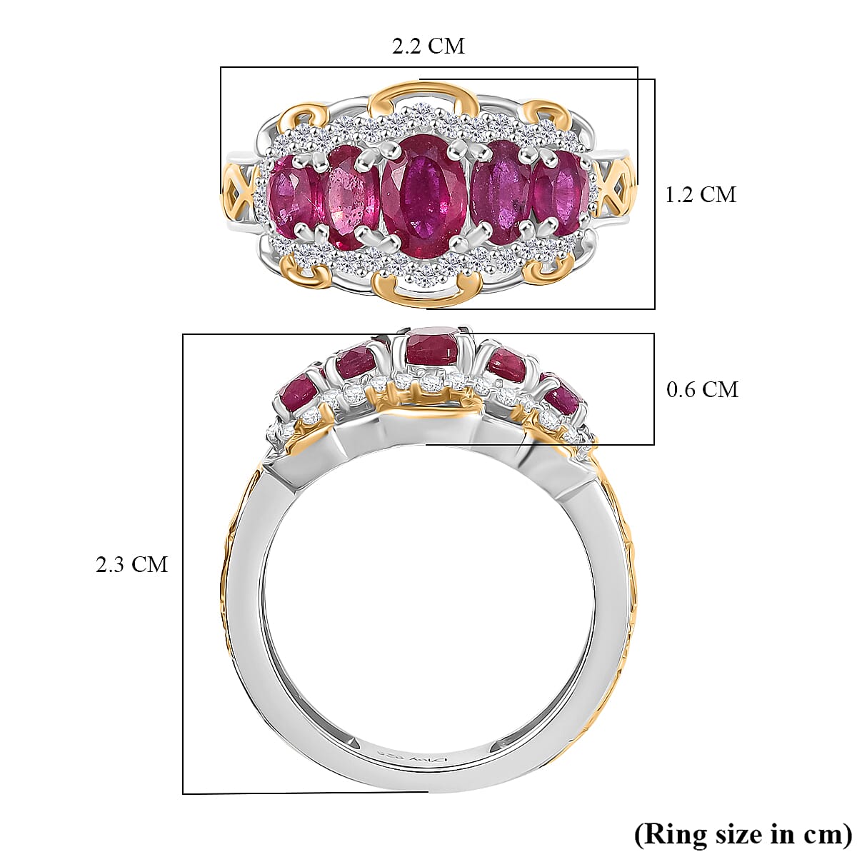 D'Joy Natural African Ruby, White Zircon 5 Stone Ring in Platinum and Yellow Gold Plated Sterling Silver 2.23 Ct. 8241732 5