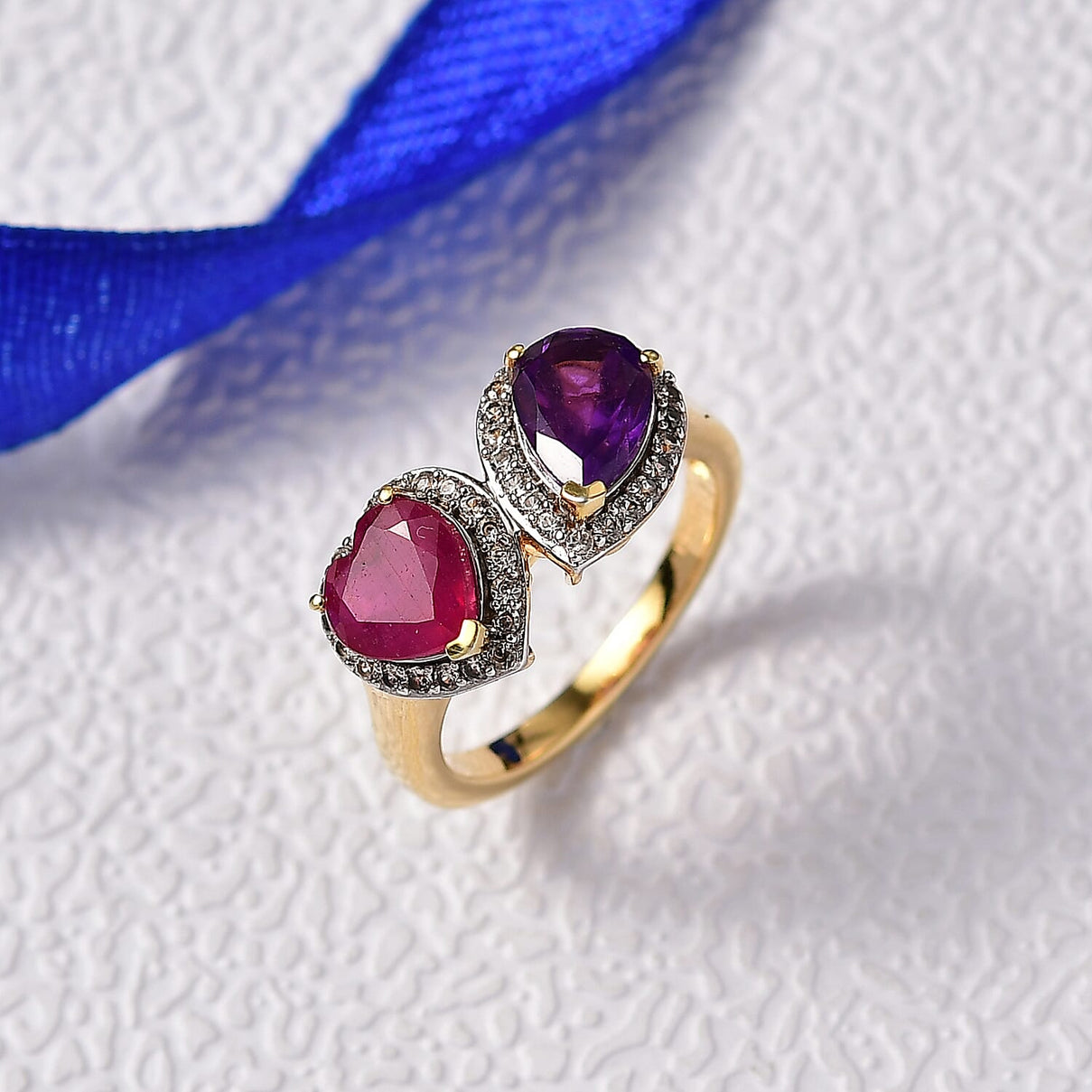 D'Joy Toi Et Moi African Ruby, White Zircon &amp; African Amethyst Halo Ring in 18K Vermeil Yellow Gold Plated Sterling Silver 3.60 Ct. 8296257 2