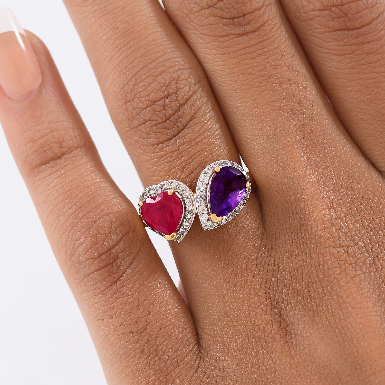 D'Joy Toi Et Moi African Ruby, White Zircon &amp; African Amethyst Halo Ring in 18K Vermeil Yellow Gold Plated Sterling Silver 3.60 Ct. 8296257 3