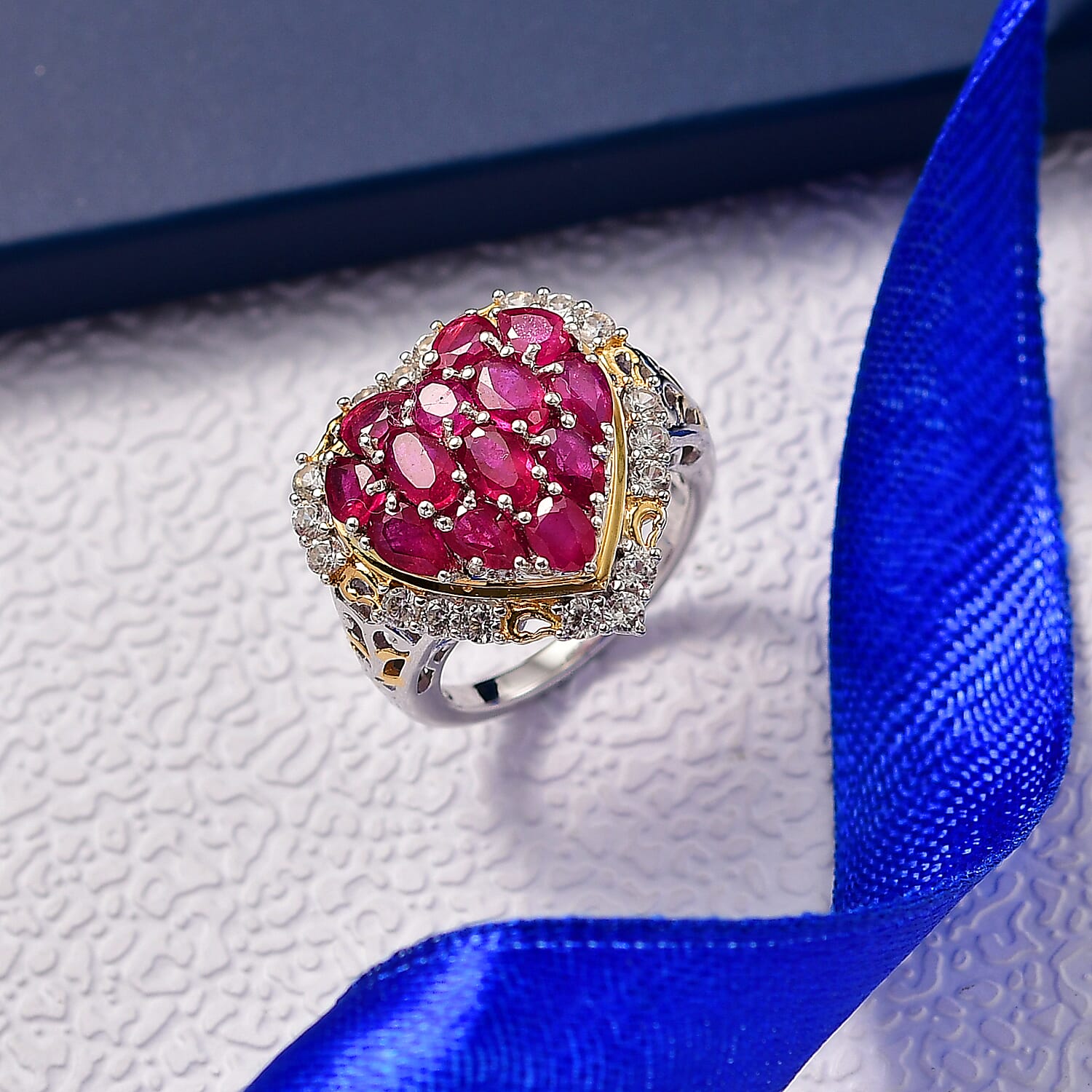 D'Joy African Ruby &amp; White Zircon Heart Design Ring in 18K Vermeil Yellow Gold Plated &amp; Rhodium Overlay Sterling Silver 4.62 Ct. V32524494 2