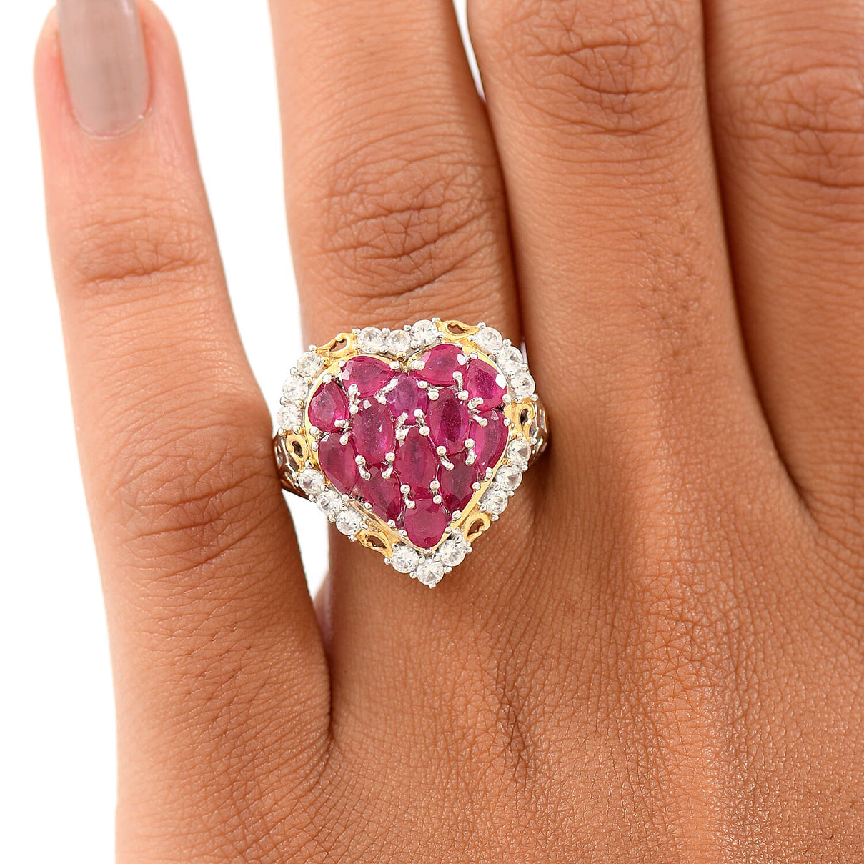 D'Joy African Ruby &amp; White Zircon Heart Design Ring in 18K Vermeil Yellow Gold Plated &amp; Rhodium Overlay Sterling Silver 4.62 Ct. V32524494 3