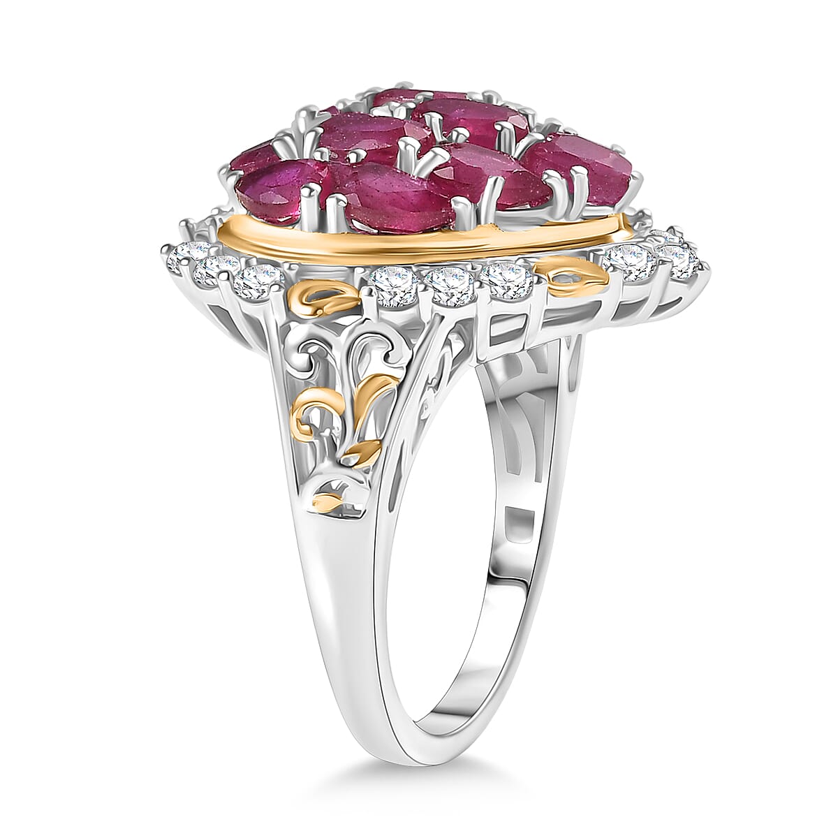 D'Joy African Ruby &amp; White Zircon Heart Design Ring in 18K Vermeil Yellow Gold Plated &amp; Rhodium Overlay Sterling Silver 4.62 Ct. V32524494 4