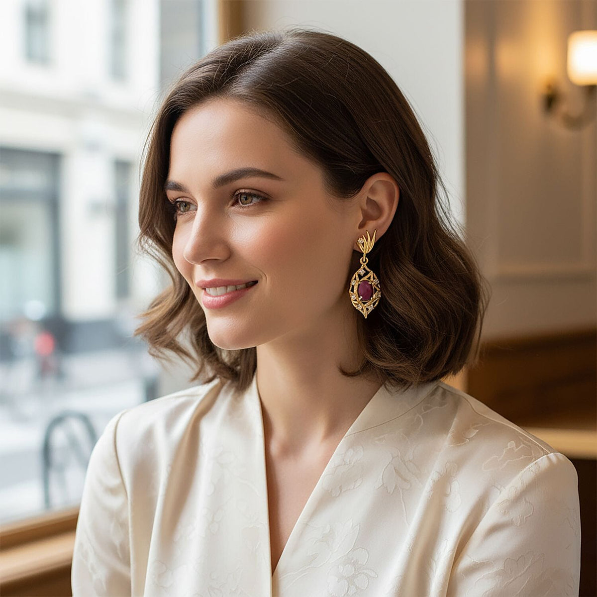 D'Joy African Ruby &amp; White Zircon Earring in Yellow Gold Plated Sterling Silver 2.98 Ct. 8280687 2