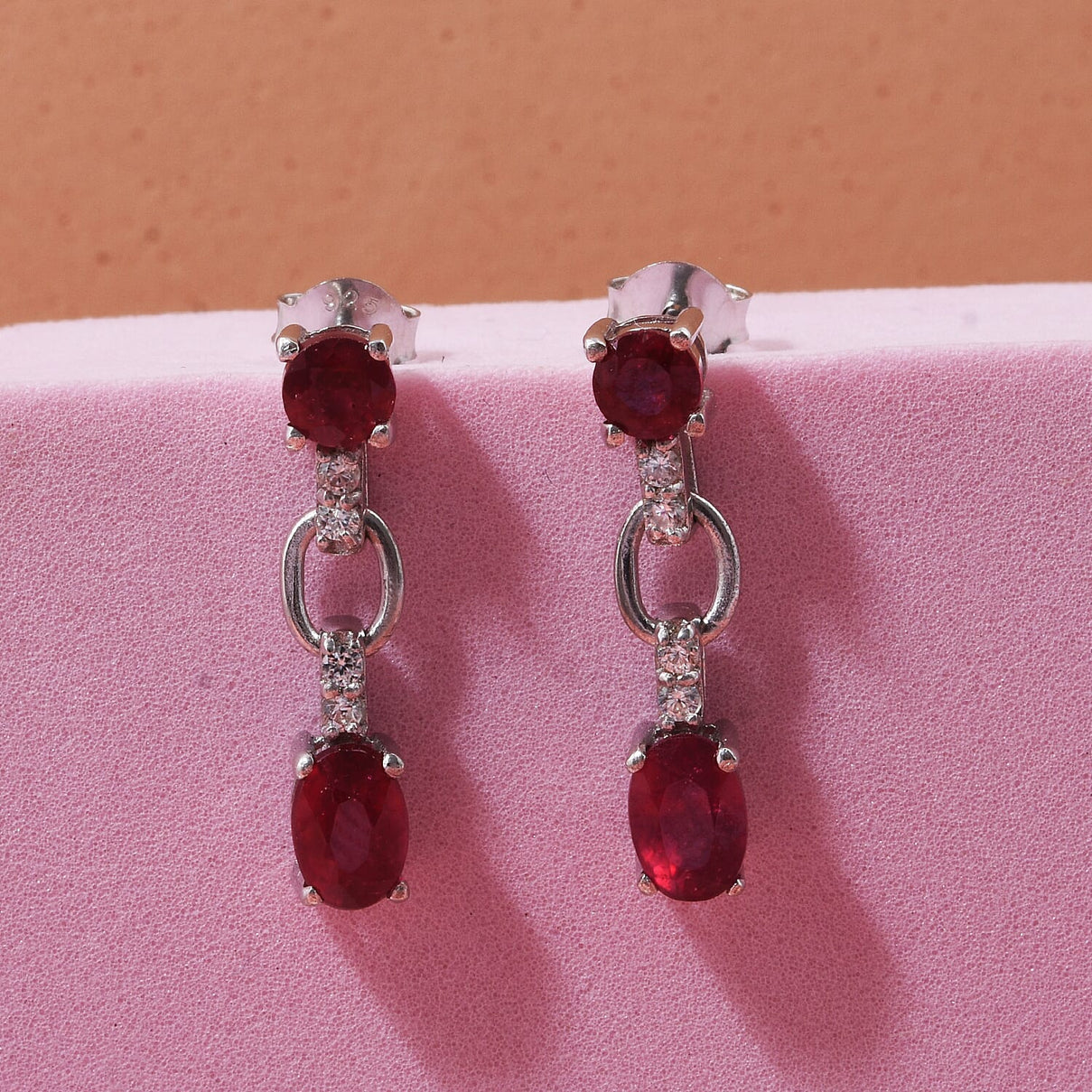 D'Joy African Ruby &amp; White Zircon Link Drop Earring in Rhodium Overlay Sterling Silver 2.46 Ct. 8502272 1