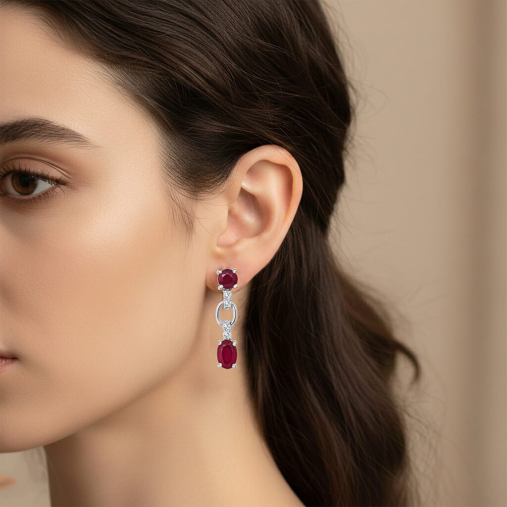 D'Joy African Ruby &amp; White Zircon Link Drop Earring in Rhodium Overlay Sterling Silver 2.46 Ct. 8502272 2