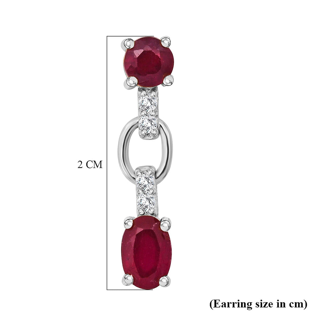 D'Joy African Ruby & White Zircon Link Drop Earring with Push Back in Rhodium Overlay Sterling Silver 2.46 Ct.