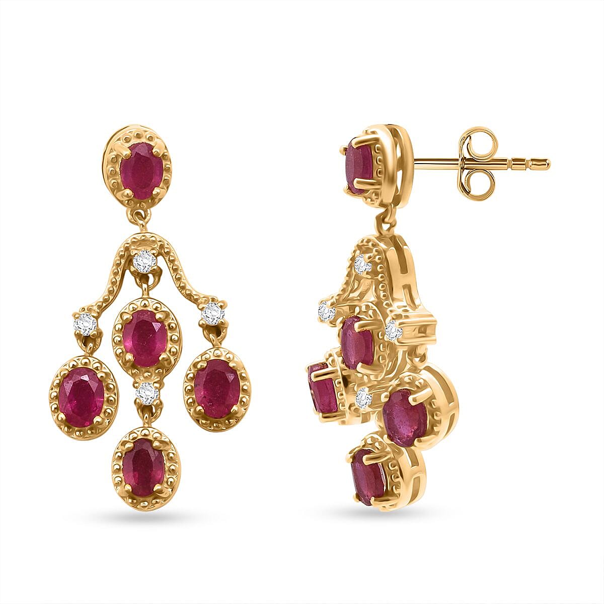 D'Joy African Ruby &amp; White Zircon Earring with Push Back in Yellow Gold Plated Sterling Silver 2.48 Ct. 8280679 0