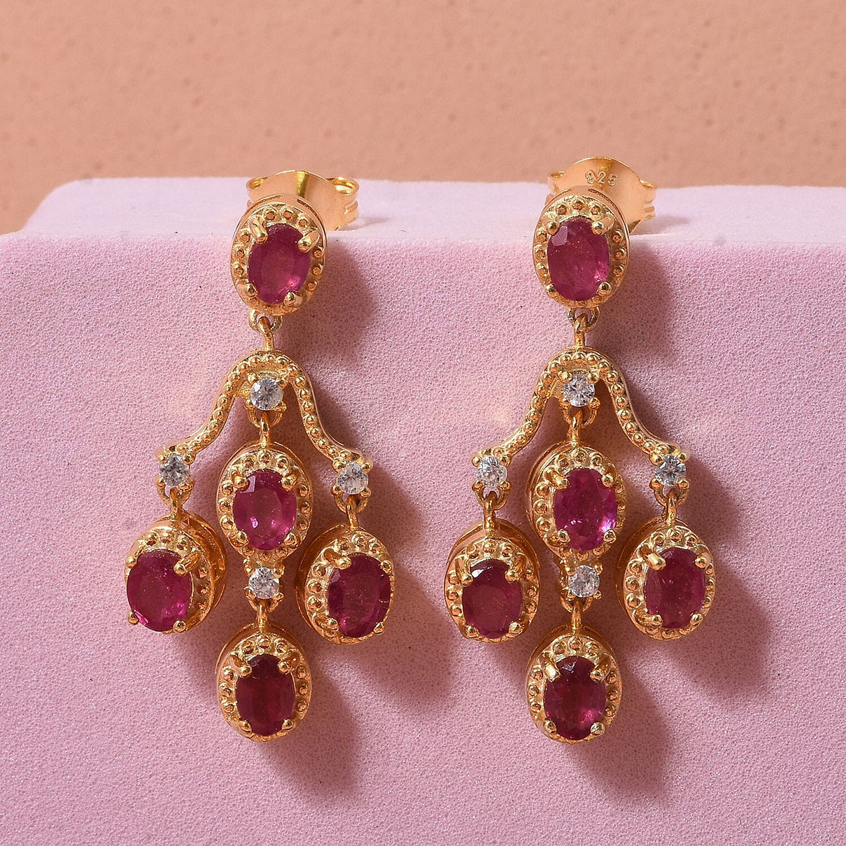 D'Joy African Ruby &amp; White Zircon Earring with Push Back in Yellow Gold Plated Sterling Silver 2.48 Ct. 8280679 2