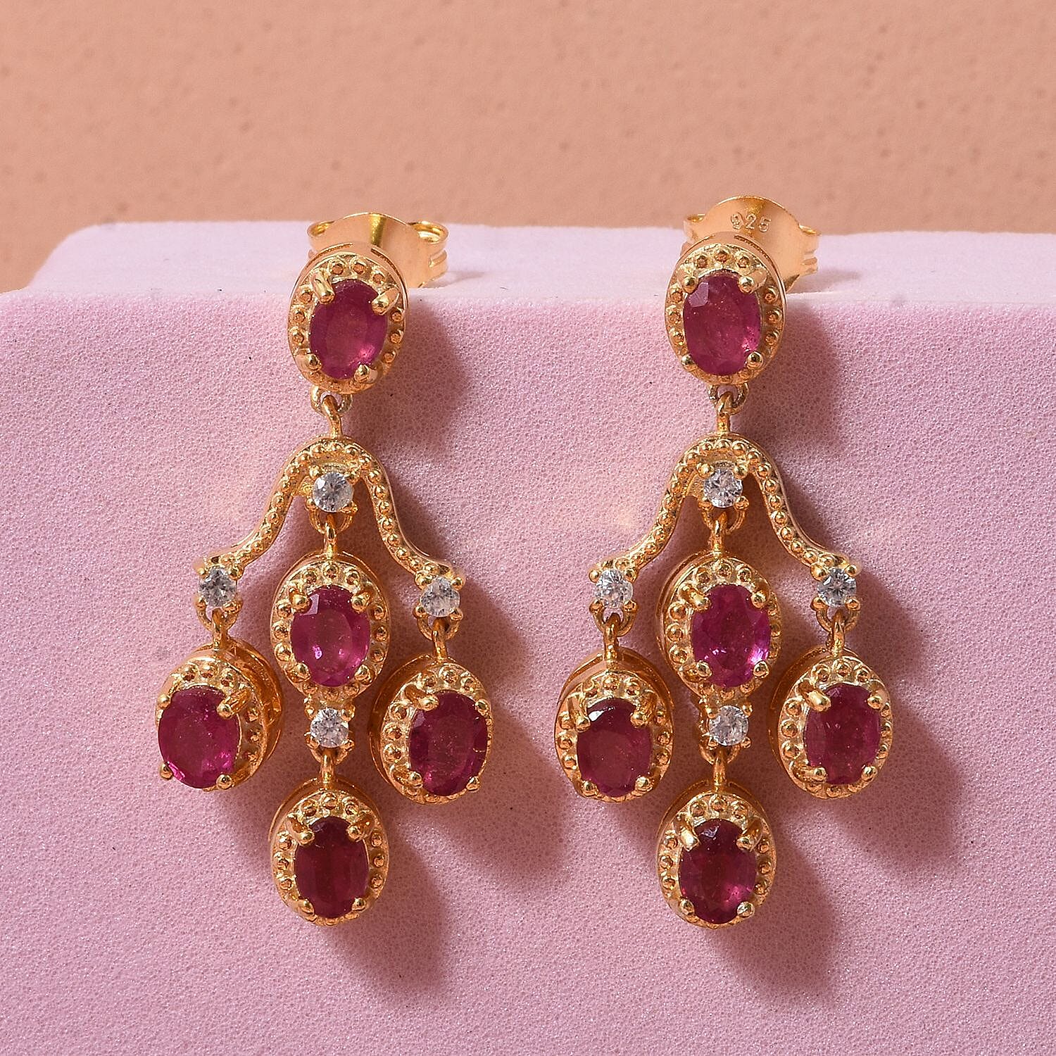 D'Joy African Ruby &amp; White Zircon Earring with Push Back in Yellow Gold Plated Sterling Silver 2.48 Ct. 8280679 2