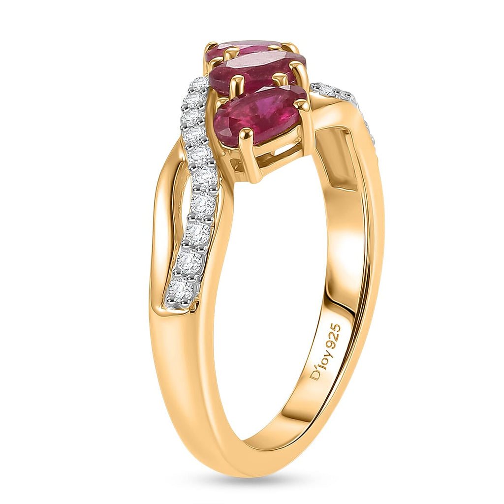D'Joy - African Ruby & White Zircon Ring in 18K Vermeil Yellow Gold Plated Sterling Silver 1.36 Ct.