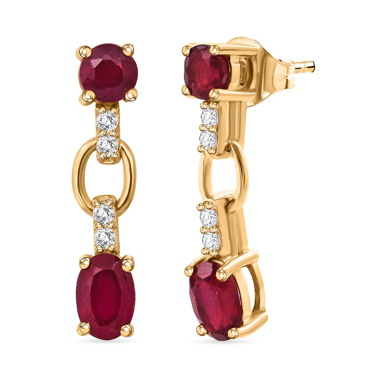 D'Joy African Ruby &amp; White Zircon Link Drop Stud Earring with Push Back in Yellow Gold Plated Sterling Silver 2.46 Ct. 8502462 0