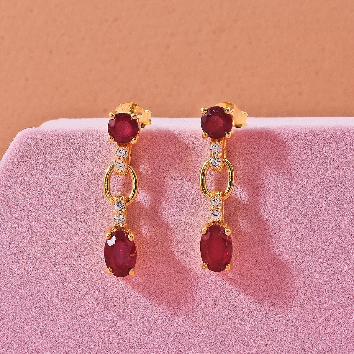 D'Joy African Ruby &amp; White Zircon Link Drop Stud Earring with Push Back in Yellow Gold Plated Sterling Silver 2.46 Ct. 8502462 2