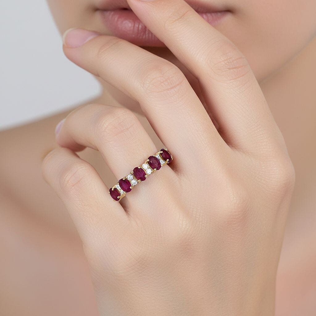 D'Joy African Ruby & White Zircon Ring in Yellow Gold Plated Sterling Silver 1.38 Ct.