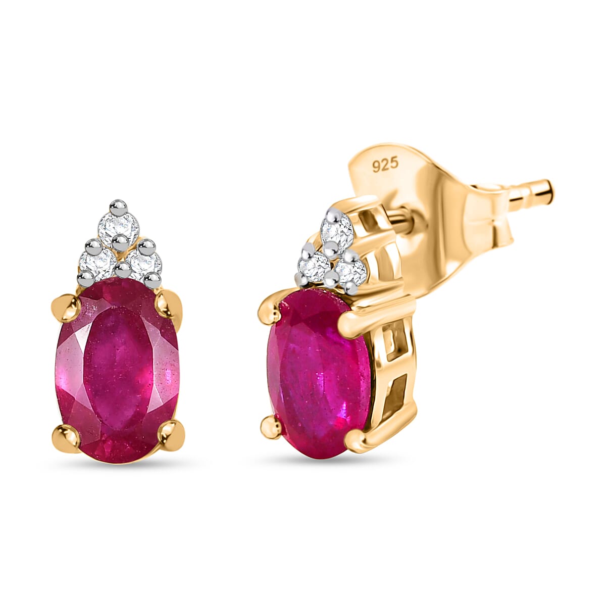 D'joy African Ruby, White Zircon Stud Push Post Earring in Yellow Gold Plated Sterling Silver 1.44 Ct. 8240207 0