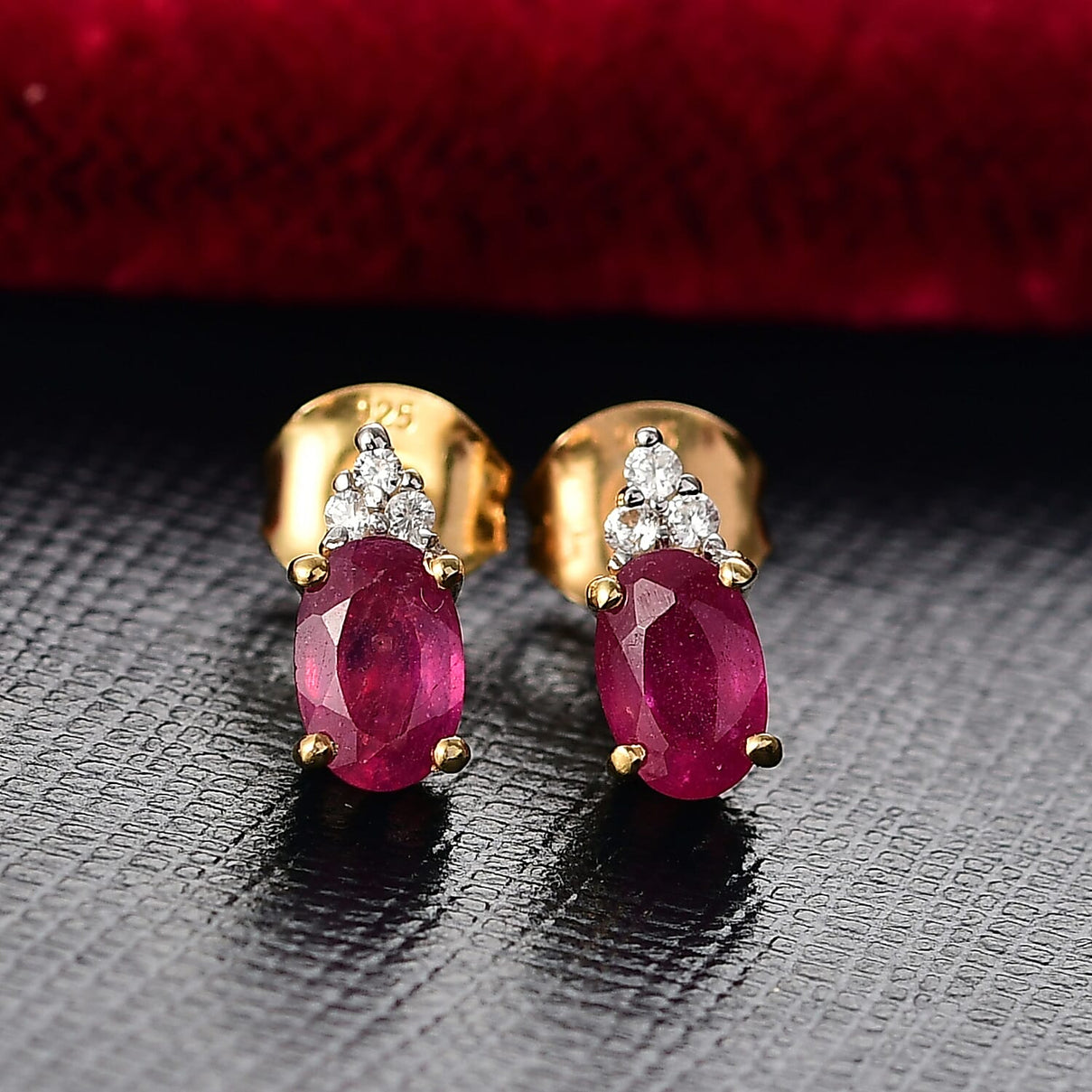D'joy African Ruby, White Zircon Stud Push Post Earring in Yellow Gold Plated Sterling Silver 1.44 Ct. 8240207 1