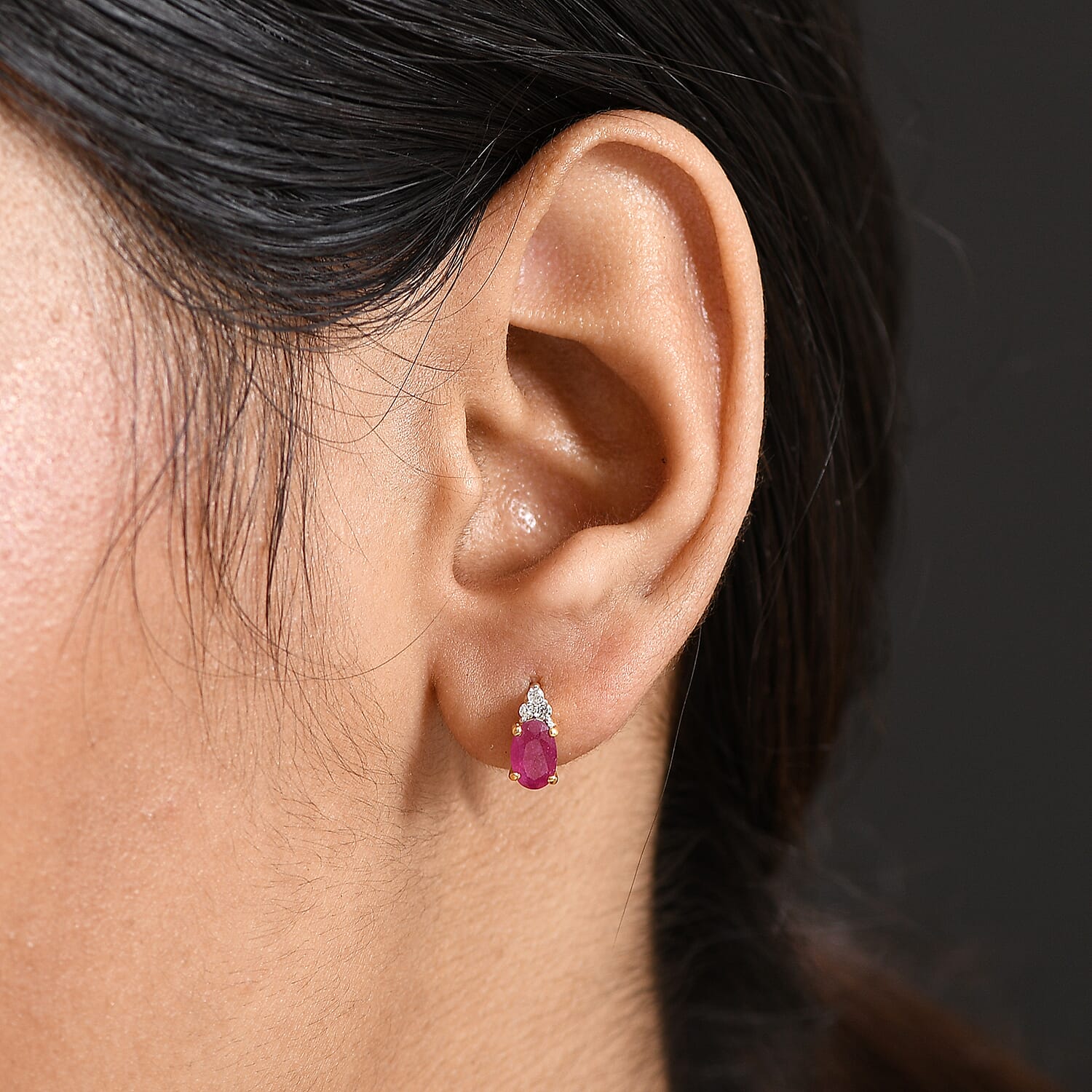 D'joy African Ruby, White Zircon Stud Push Post Earring in Yellow Gold Plated Sterling Silver 1.44 Ct. 8240207 2